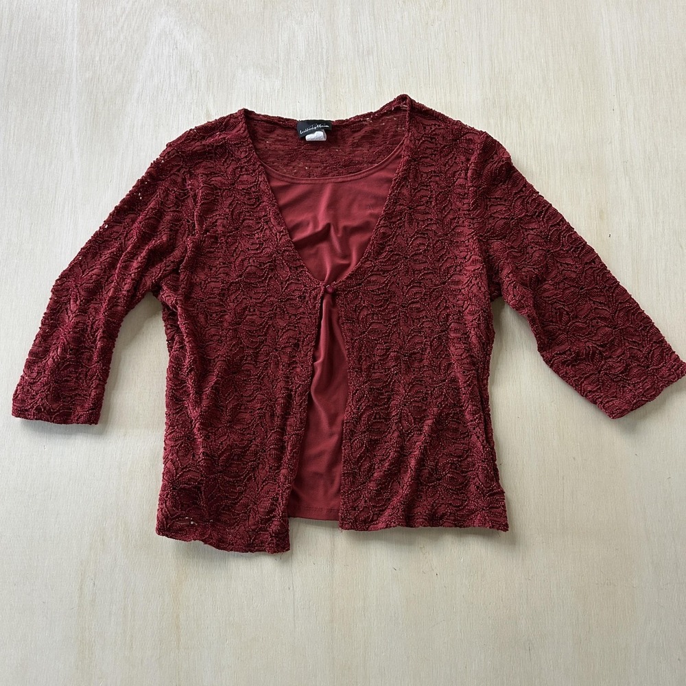 Vintage 90s Brittany Black Cardigan Sweater Womens Large Red Crochet Open Button